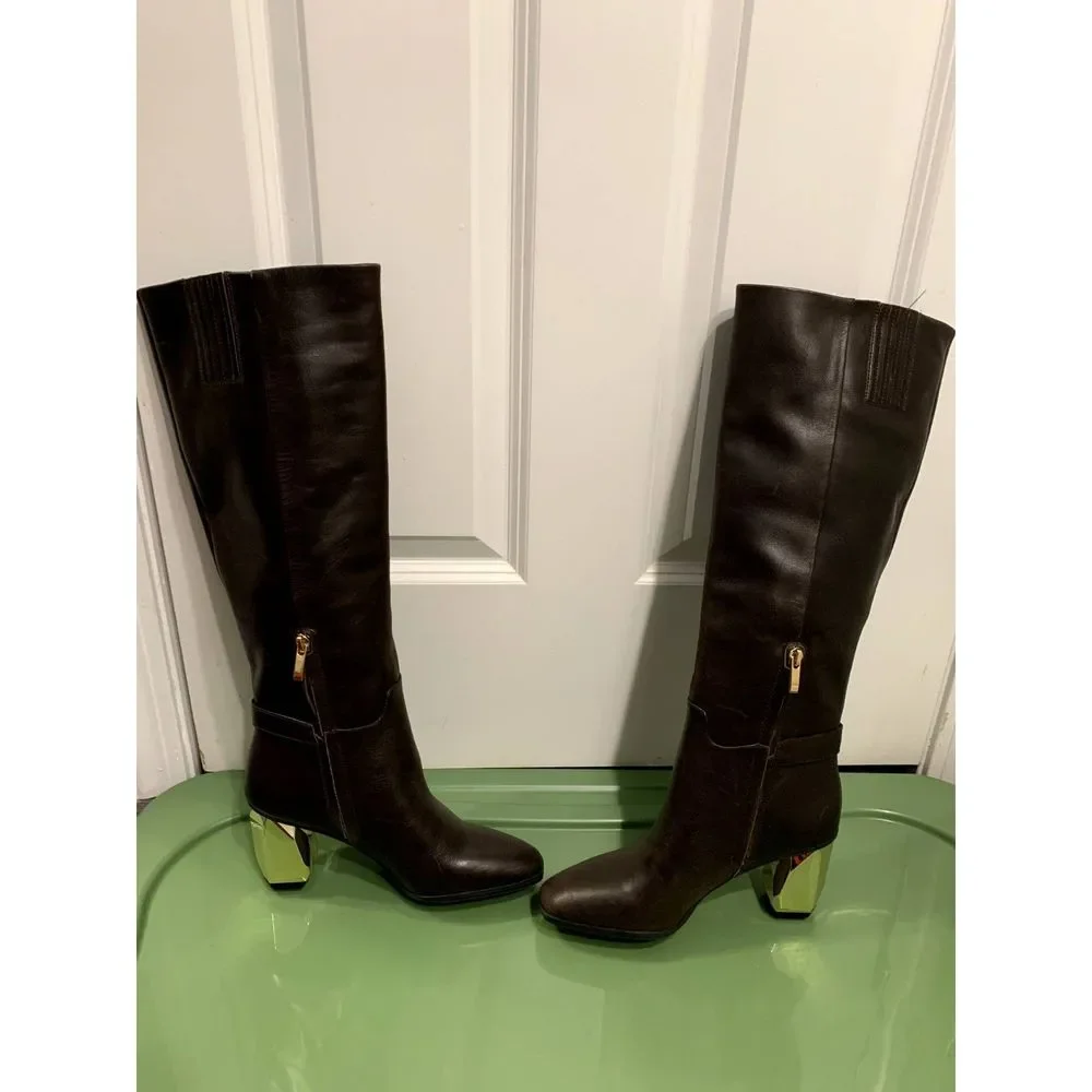 Franco Sarto Tiera High Brown Leather Boots Gold Faceted Heel Size 7 NWOT - Picture 4 of 8